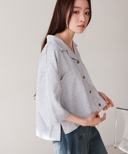 Bab（バブ）の「オープンカラーハーフスリーブシャツ（シャツ/ブラウス・レディース・ブルー/ライトグレー/ベージュ・MEDIUM）」の10枚目の写真