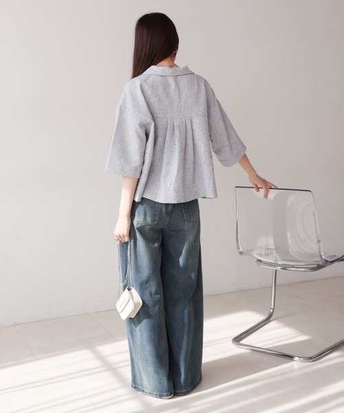 Bab（バブ）の「オープンカラーハーフスリーブシャツ（シャツ/ブラウス・レディース・ブルー/ライトグレー/ベージュ・MEDIUM）」の12枚目の写真