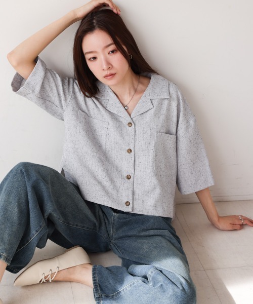 Bab（バブ）の「オープンカラーハーフスリーブシャツ（シャツ/ブラウス・レディース・ブルー/ライトグレー/ベージュ・MEDIUM）」の14枚目の写真