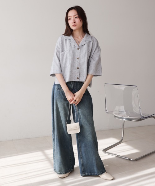 Bab（バブ）の「オープンカラーハーフスリーブシャツ（シャツ/ブラウス・レディース・ブルー/ライトグレー/ベージュ・MEDIUM）」の15枚目の写真