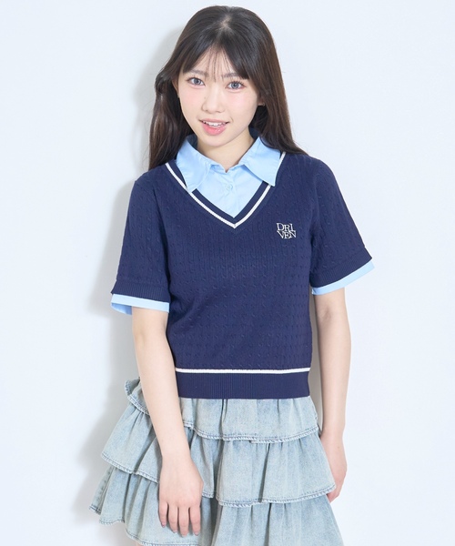 LOVETOXIC（ラブトキシック）の「【洗える】フェイクレイヤード半袖ニットシャツ（ベスト・キッズ・アイボリー/ネイビー/グレー・M:150cm/L:160cm/130cm/S:140cm）」の3枚目の写真