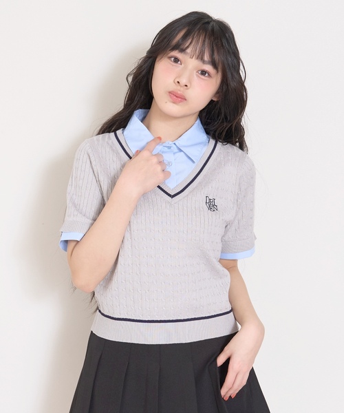 LOVETOXIC（ラブトキシック）の「【洗える】フェイクレイヤード半袖ニットシャツ（ベスト・キッズ・アイボリー/ネイビー/グレー・M:150cm/L:160cm/130cm/S:140cm）」の2枚目の写真