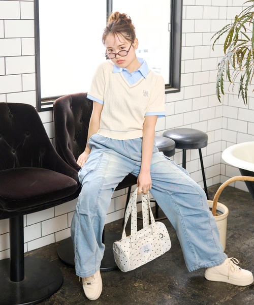 LOVETOXIC（ラブトキシック）の「【洗える】フェイクレイヤード半袖ニットシャツ（ベスト・キッズ・アイボリー/ネイビー/グレー・M:150cm/L:160cm/130cm/S:140cm）」の4枚目の写真