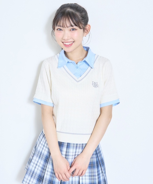 LOVETOXIC（ラブトキシック）の「【洗える】フェイクレイヤード半袖ニットシャツ（ベスト・キッズ・アイボリー/ネイビー/グレー・M:150cm/L:160cm/130cm/S:140cm）」の5枚目の写真