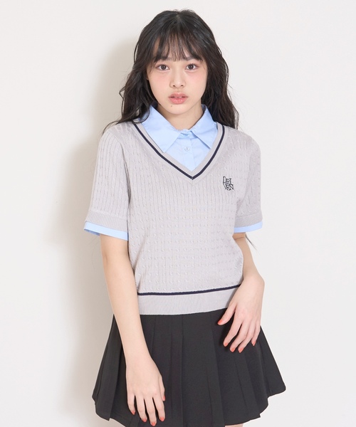 LOVETOXIC（ラブトキシック）の「【洗える】フェイクレイヤード半袖ニットシャツ（ベスト・キッズ・アイボリー/ネイビー/グレー・M:150cm/L:160cm/130cm/S:140cm）」の7枚目の写真