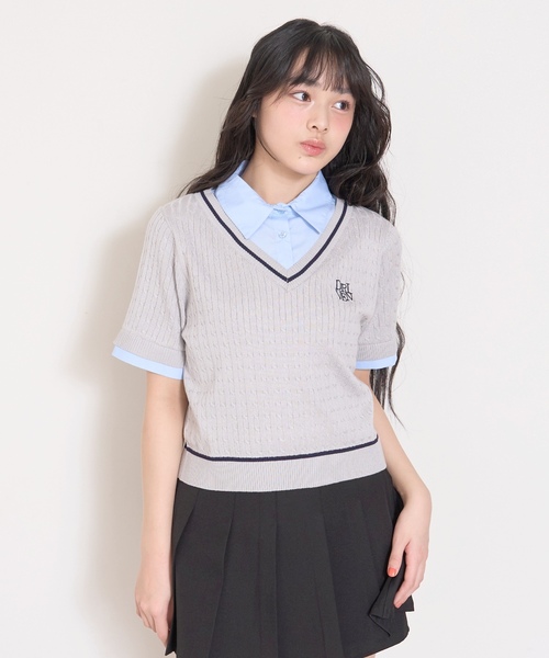 LOVETOXIC（ラブトキシック）の「【洗える】フェイクレイヤード半袖ニットシャツ（ベスト・キッズ・アイボリー/ネイビー/グレー・M:150cm/L:160cm/130cm/S:140cm）」の8枚目の写真