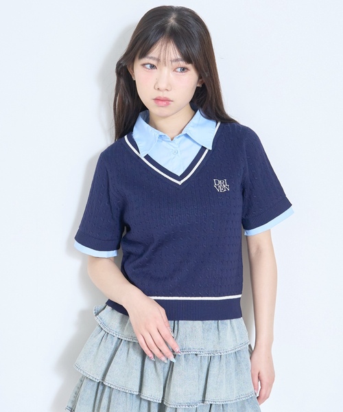 LOVETOXIC（ラブトキシック）の「【洗える】フェイクレイヤード半袖ニットシャツ（ベスト・キッズ・アイボリー/ネイビー/グレー・M:150cm/L:160cm/130cm/S:140cm）」の9枚目の写真