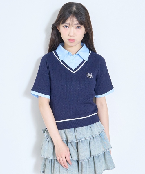 LOVETOXIC（ラブトキシック）の「【洗える】フェイクレイヤード半袖ニットシャツ（ベスト・キッズ・アイボリー/ネイビー/グレー・M:150cm/L:160cm/130cm/S:140cm）」の10枚目の写真