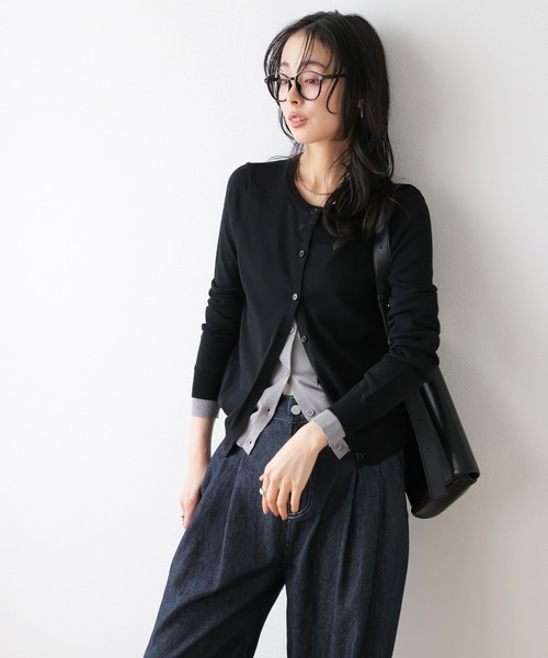 AMELY(エミリー)の「配色レイヤード風カーディガン(カーディガン/ボレロ・レディース・ブラック/ピンク/ネイビー/グレー・フリー)」の5枚目の写真
