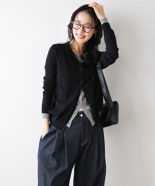 AMELY(エミリー)の「配色レイヤード風カーディガン(カーディガン/ボレロ・レディース・ブラック/ピンク/ネイビー/グレー・フリー)」の7枚目の写真