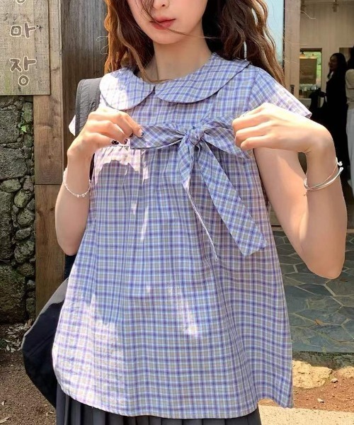 GEMEDA(ジェメダ)の「チェック柄リボンデザインフレアトップス(Tシャツ/カットソー・レディース・モカ/ダークグリーン/ブルー/ホワイト・M)」の4枚目の写真