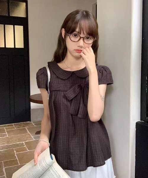 GEMEDA(ジェメダ)の「チェック柄リボンデザインフレアトップス(Tシャツ/カットソー・レディース・モカ/ダークグリーン/ブルー/ホワイト・M)」の20枚目の写真