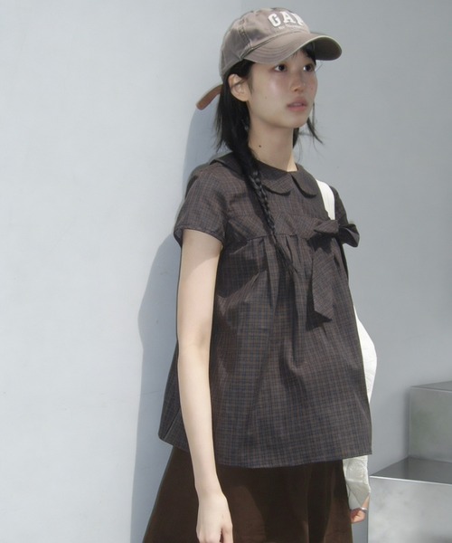 GEMEDA(ジェメダ)の「チェック柄リボンデザインフレアトップス(Tシャツ/カットソー・レディース・モカ/ダークグリーン/ブルー/ホワイト・M)」の21枚目の写真