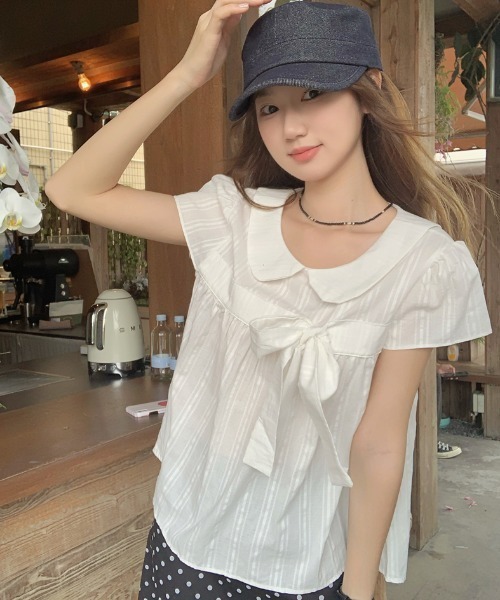 GEMEDA(ジェメダ)の「チェック柄リボンデザインフレアトップス(Tシャツ/カットソー・レディース・モカ/ダークグリーン/ブルー/ホワイト・M)」の6枚目の写真
