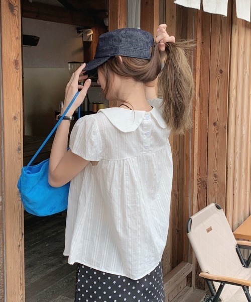 GEMEDA(ジェメダ)の「チェック柄リボンデザインフレアトップス(Tシャツ/カットソー・レディース・モカ/ダークグリーン/ブルー/ホワイト・M)」の9枚目の写真