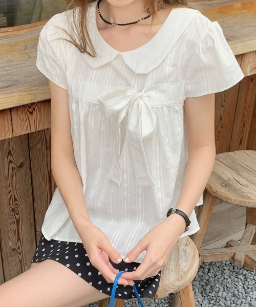 GEMEDA(ジェメダ)の「チェック柄リボンデザインフレアトップス(Tシャツ/カットソー・レディース・モカ/ダークグリーン/ブルー/ホワイト・M)」の7枚目の写真