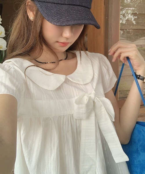 GEMEDA(ジェメダ)の「チェック柄リボンデザインフレアトップス(Tシャツ/カットソー・レディース・モカ/ダークグリーン/ブルー/ホワイト・M)」の8枚目の写真