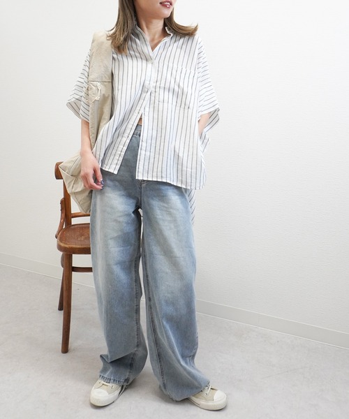 gossara（ゴサラ）の「【体型カバーも◎】ストライプオーバーサイズシャツ（シャツ/ブラウス・レディース・イエロー/オフホワイト/グレイッシュベージュ・FREE）」の10枚目の写真