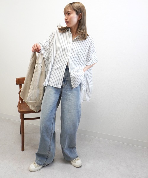 gossara（ゴサラ）の「【体型カバーも◎】ストライプオーバーサイズシャツ（シャツ/ブラウス・レディース・イエロー/オフホワイト/グレイッシュベージュ・FREE）」の11枚目の写真