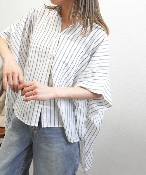 gossara（ゴサラ）の「【体型カバーも◎】ストライプオーバーサイズシャツ（シャツ/ブラウス・レディース・イエロー/オフホワイト/グレイッシュベージュ・FREE）」の7枚目の写真