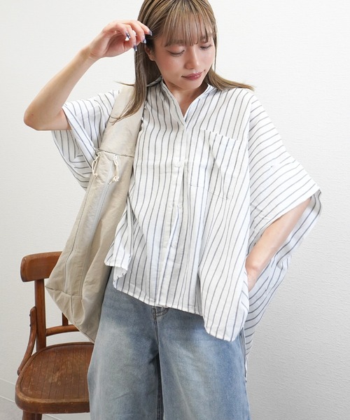 gossara（ゴサラ）の「【体型カバーも◎】ストライプオーバーサイズシャツ（シャツ/ブラウス・レディース・イエロー/オフホワイト/グレイッシュベージュ・FREE）」の5枚目の写真