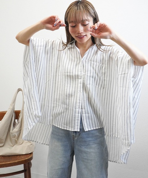 gossara（ゴサラ）の「【体型カバーも◎】ストライプオーバーサイズシャツ（シャツ/ブラウス・レディース・イエロー/オフホワイト/グレイッシュベージュ・FREE）」の6枚目の写真