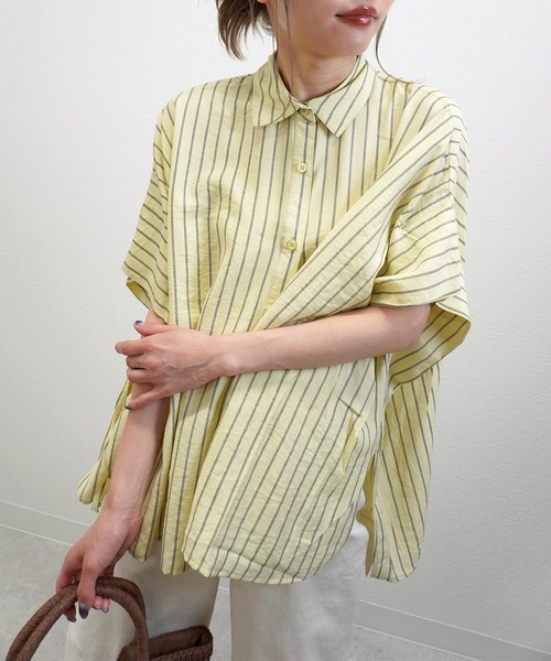 gossara（ゴサラ）の「【体型カバーも◎】ストライプオーバーサイズシャツ（シャツ/ブラウス・レディース・イエロー/オフホワイト/グレイッシュベージュ・FREE）」の16枚目の写真
