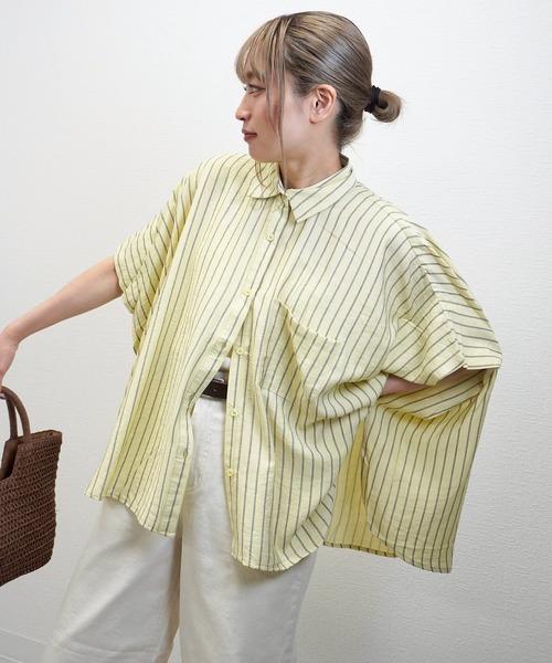 gossara（ゴサラ）の「【体型カバーも◎】ストライプオーバーサイズシャツ（シャツ/ブラウス・レディース・イエロー/オフホワイト/グレイッシュベージュ・FREE）」の18枚目の写真