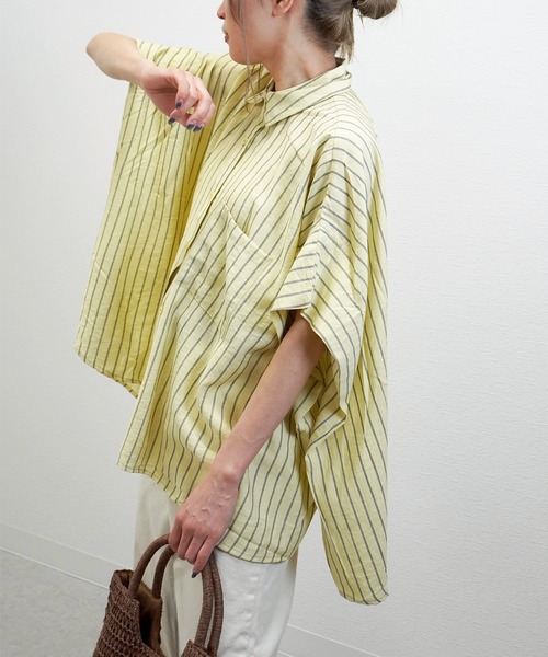 gossara（ゴサラ）の「【体型カバーも◎】ストライプオーバーサイズシャツ（シャツ/ブラウス・レディース・イエロー/オフホワイト/グレイッシュベージュ・FREE）」の19枚目の写真