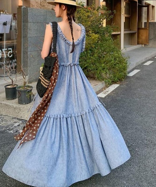 semplice(センプリチェ)の「リネン キャミソールワンピース(ワンピース・レディース・ブルー・S/M)」の2枚目の写真