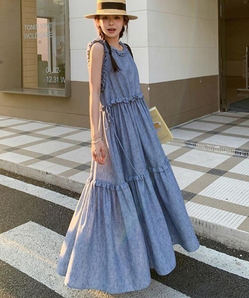 semplice(センプリチェ)の「リネン キャミソールワンピース(ワンピース・レディース・ブルー・S/M)」の3枚目の写真