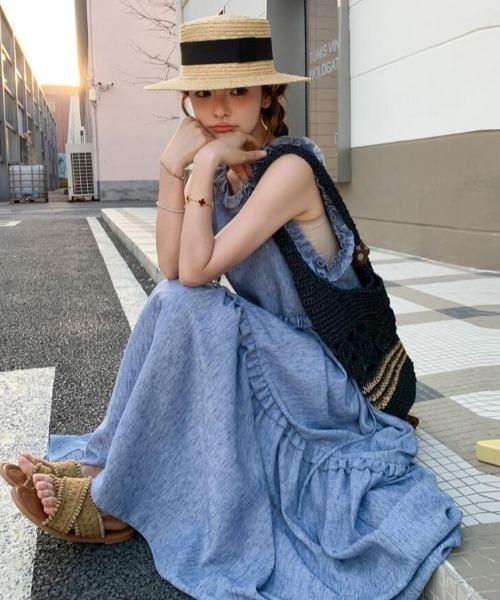 semplice(センプリチェ)の「リネン キャミソールワンピース(ワンピース・レディース・ブルー・S/M)」の9枚目の写真