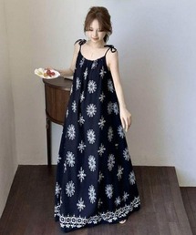 【Y2Kガーリー】ヴィンテージ風プリント カップ付きキャミワンピース ロング丈 リラックスフレアワンピ