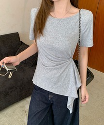 アシンメトリー カットソー 半袖 Tシャツ ドレープデザイン フレアトップス ストレッチ