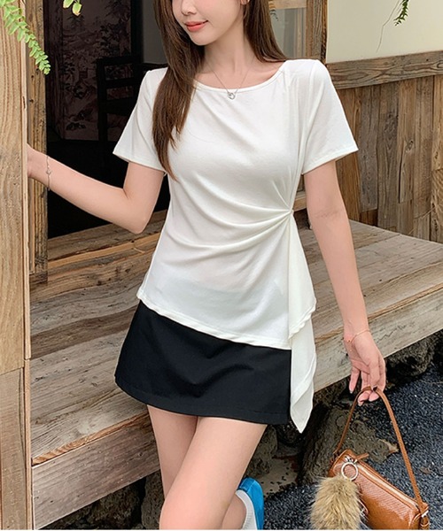 2ly2(トゥーリートゥー)の「アシンメトリー カットソー 半袖 Tシャツ ドレープデザイン フレアトップス ストレッチ(Tシャツ/カットソー・レディース・グレー/ベージュ/ブラック/ホワイト・FREE)」の11枚目の写真