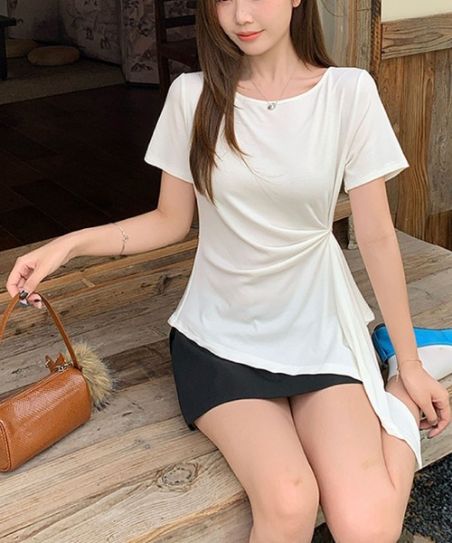 2ly2(トゥーリートゥー)の「アシンメトリー カットソー 半袖 Tシャツ ドレープデザイン フレアトップス ストレッチ(Tシャツ/カットソー・レディース・グレー/ベージュ/ブラック/ホワイト・FREE)」の12枚目の写真