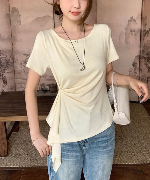 2ly2(トゥーリートゥー)の「アシンメトリー カットソー 半袖 Tシャツ ドレープデザイン フレアトップス ストレッチ(Tシャツ/カットソー・レディース・グレー/ベージュ/ブラック/ホワイト・FREE)」の21枚目の写真