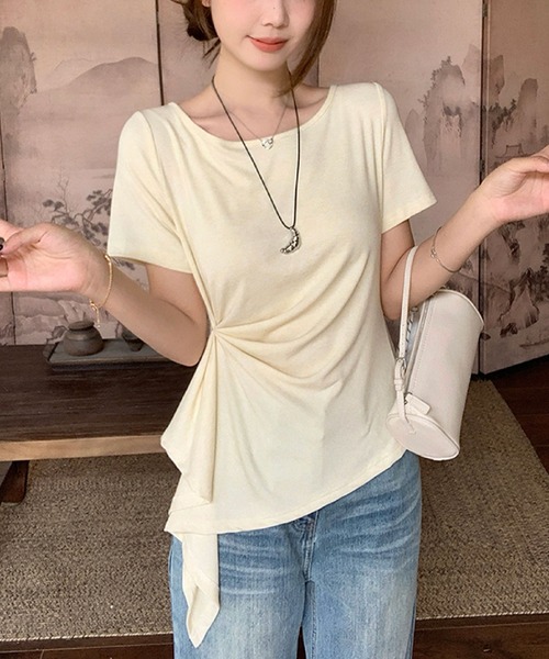 2ly2(トゥーリートゥー)の「アシンメトリー カットソー 半袖 Tシャツ ドレープデザイン フレアトップス ストレッチ(Tシャツ/カットソー・レディース・グレー/ベージュ/ブラック/ホワイト・FREE)」の22枚目の写真