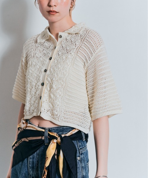 W:Huku（フーク）の「コンパクト クロシェ編み 半袖 カーディガン（ニット/セーター・レディース・ブラック/チャコール/グリーン系その他/オフホワイト・FREE）」の13枚目の写真