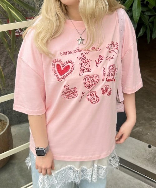 LAC-VERT(ラック・ヴェール)の「落書き刺繍Tシャツ(Tシャツ/カットソー・レディース・ブラック/ピンク/ホワイト・FREE)」の14枚目の写真