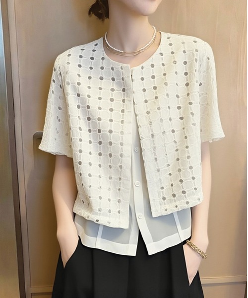 LUCPY（ラクピー）の「レースシアーレイヤードカーディガンブラウス（シャツ/ブラウス・レディース・ホワイト・LARGE/MEDIUM/SMALL）」の2枚目の写真