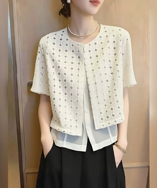 LUCPY（ラクピー）の「レースシアーレイヤードカーディガンブラウス（シャツ/ブラウス・レディース・ホワイト・LARGE/MEDIUM/SMALL）」の3枚目の写真