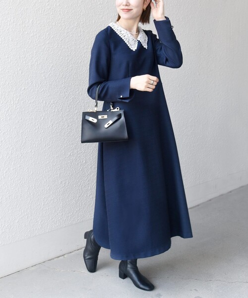 SHIPS any（シップス エニィ）の「SHIPS any:〈洗濯機可能〉レースカラー ロング スリーブ ワンピース［NAVY BLUE］（ワンピース・レディース・ナチュラル/ネイビー・ONE SIZE）」の2枚目の写真