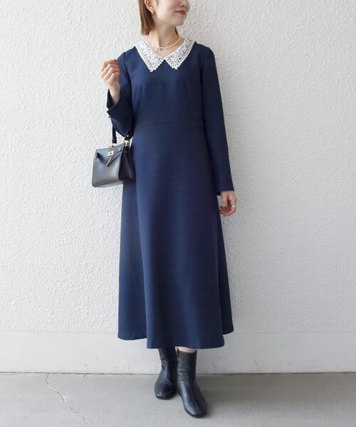 SHIPS any（シップス エニィ）の「SHIPS any:〈洗濯機可能〉レースカラー ロング スリーブ ワンピース［NAVY BLUE］（ワンピース・レディース・ナチュラル/ネイビー・ONE SIZE）」の9枚目の写真