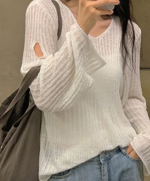 Girly Doll(ガーリードール)の「カットアウト長袖サマーニット(シャツ/ブラウス・レディース・ブラック/オフホワイト・FREE)」の15枚目の写真