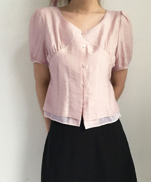 パフスリーブ 切替デザイン 半袖ブラウス