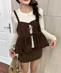 【秋冬新作】2点セット小花柄キャミソール×長袖Tシャツ フェイクレイヤードトップス