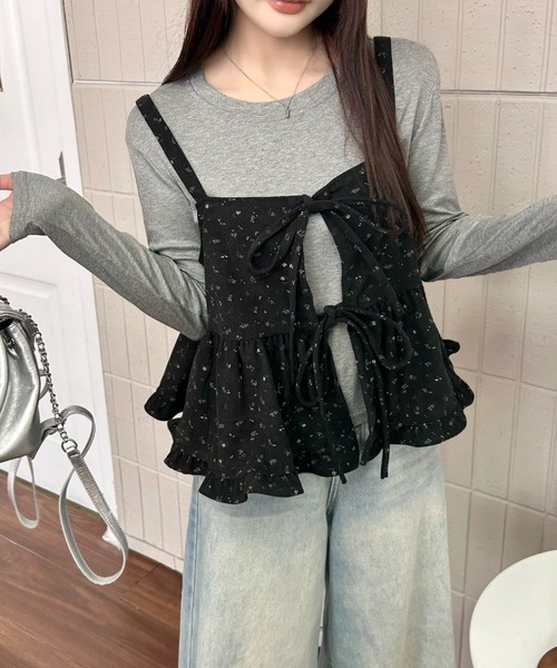 DIAVEL(ディアベル)の「【秋冬新作】2点セット小花柄キャミソール×長袖Tシャツ フェイクレイヤードトップス(シャツ/ブラウス・レディース・ブラック/ブラウン/アイボリー・M)」の10枚目の写真