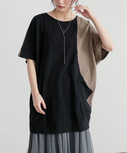 n'OrLABEL(ノアールレーベル)の「配色ブロッキングチュニック(Tシャツ/カットソー・レディース・チャコールグレー/ブラック・FREE)」の6枚目の写真