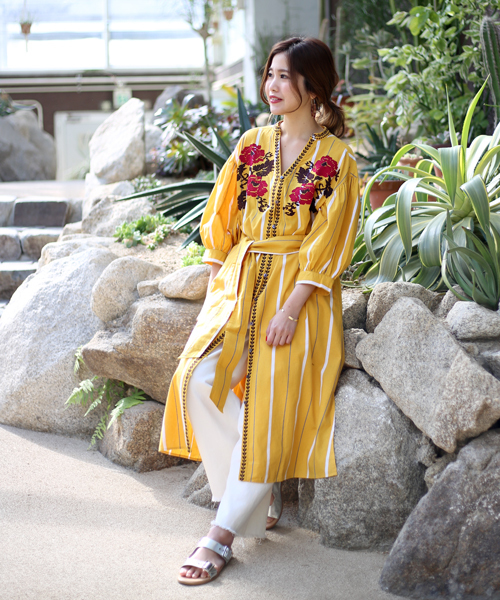 WEB限定】ストライプ刺繍ワンピース（シャツワンピース）｜Bab